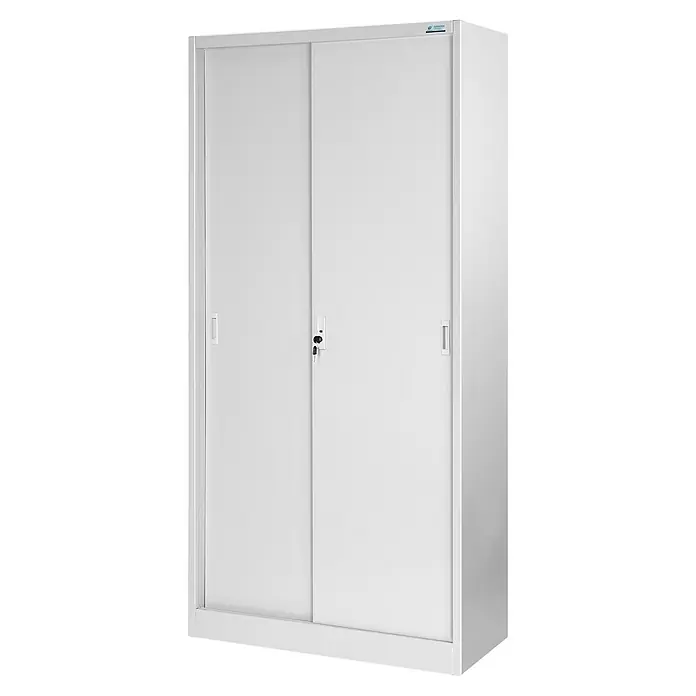 Jan Nowak Aktenschrank Kuba - B x T x H: 90 x 40 x 185 cm, Grau - Weißer Büroschrank mit Schiebetüren und Schloss. Ideal zur Aufbewahrung von Dokumenten und Büromaterialien im Büro.