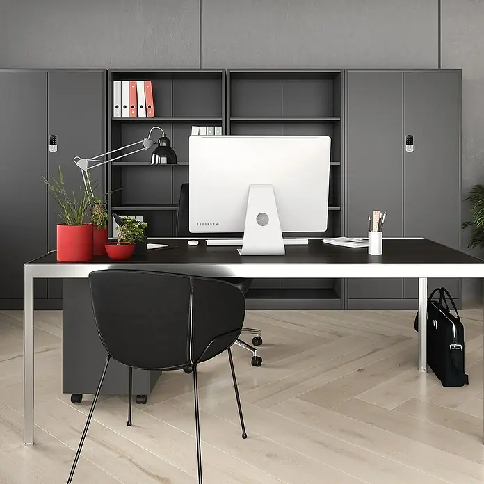 Jan Nowak Aktenschrank Daniel - B x T x H: 90 x 40 x 185 cm, Anthrazit - Büro mit Schränken, Schreibtisch, Stuhl und Computer. Das moderne Design schafft eine professionelle Arbeitsumgebung.