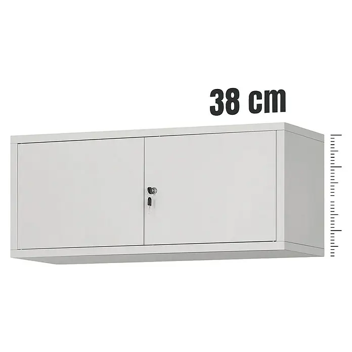 Jan Nowak Aufsatzschrank Ewa - H x B x T: 38 x 90 x 40 cm, Grau - Hängender Stahlschrank in Grau mit zwei Türen und Schloss, ideal zur Wandmontage und platzsparend für Büro oder Werkstatt.