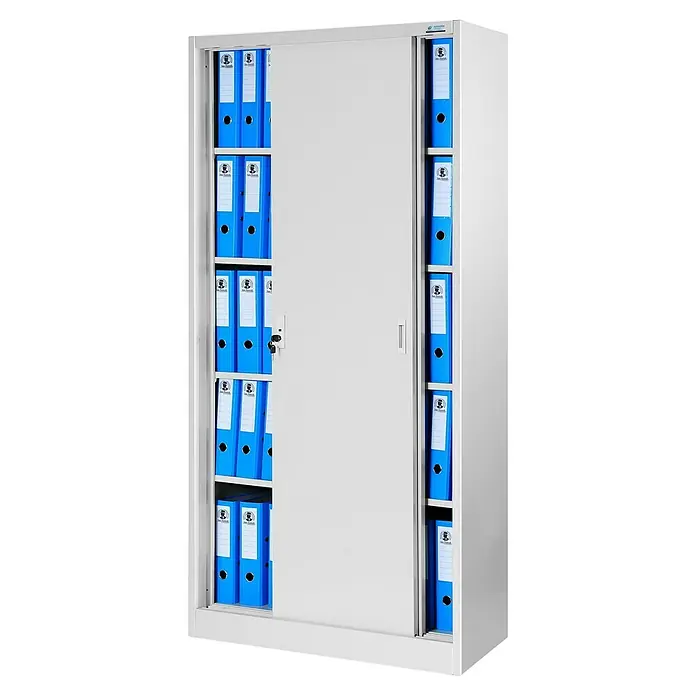 Jan Nowak Aktenschrank Kuba - B x T x H: 90 x 40 x 185 cm, Grau - Ein grauer Büroschrank mit Schiebetüren ist voll mit blauen Aktenordnern, die für eine organisierte Dokumentenablage sorgen.