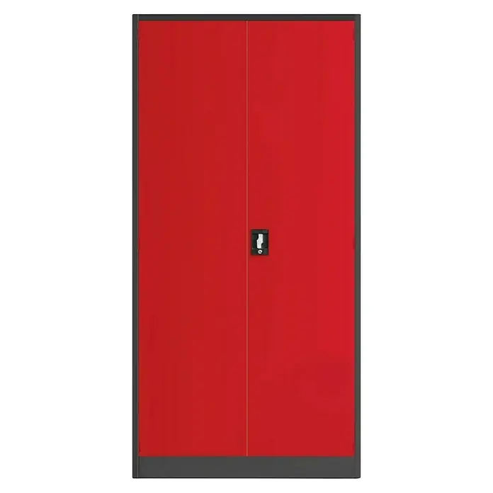 Jan Nowak Werkzeugschrank Darek - H x B x T: 185 x 92 x 50 cm, Anthrazit/Rot - Ein auffälliger, roter Schrank mit zwei Türen und einem schwarzen Griff in der Mitte. Der Schrank hat einen stabilen, grauen Rahmen.
