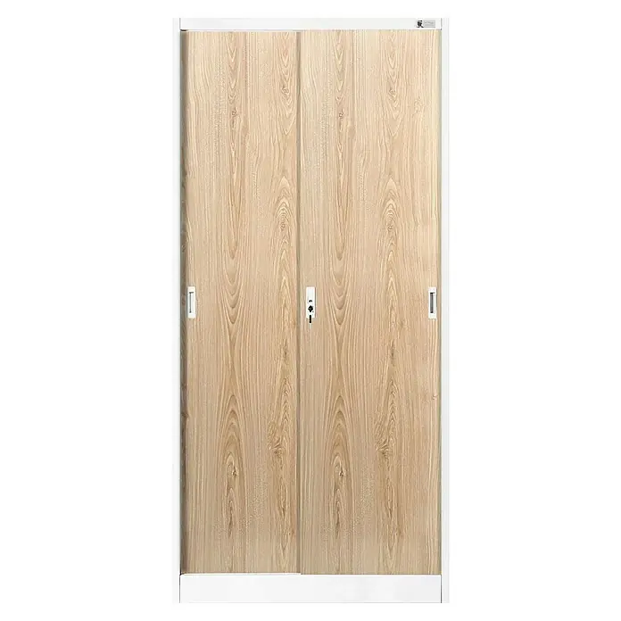 Jan Nowak Aktenschrank Kuba - B x T x H: 90 x 40 x 185 cm, Weiß/Sonoma eiche - Nahaufnahme eines Aktenschranks mit Schiebetüren und Holzoptik, der Funktionalität und elegantes Design vereint. Ideal für Büro und Zuhause.