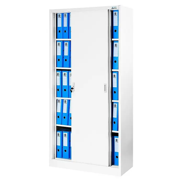 Jan Nowak Aktenschrank Kuba - B x T x H: 90 x 40 x 185 cm, Weiß - Ein weißer Aktenschrank mit Schiebetüren, gefüllt mit blauen Ordnern, ideal für die Büroorganisation.