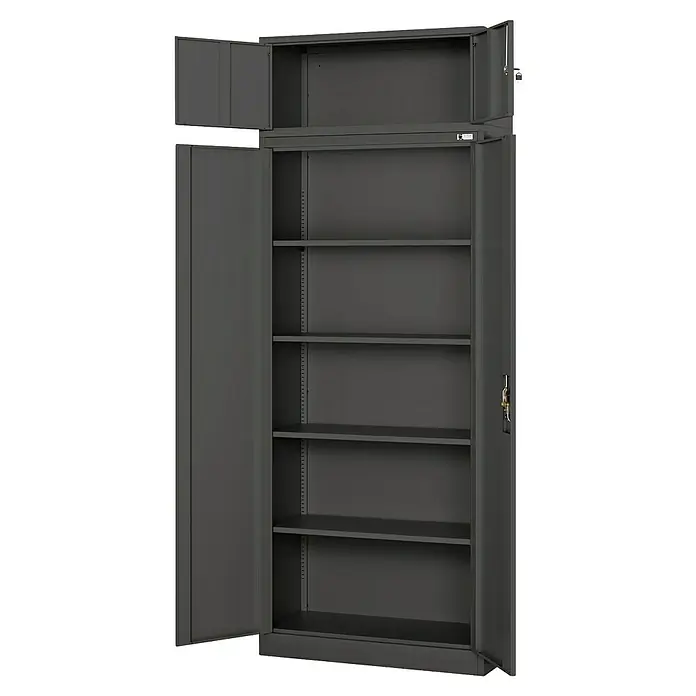 Jan Nowak Aufsatzschrank Ewa - H x B x T: 38 x 90 x 40 cm, Anthrazit - Ein geräumiger, grauer Stahlschrank mit fünf Einlegeböden und einem separaten Aufsatzschrank, ideal für Büro oder Werkstatt.