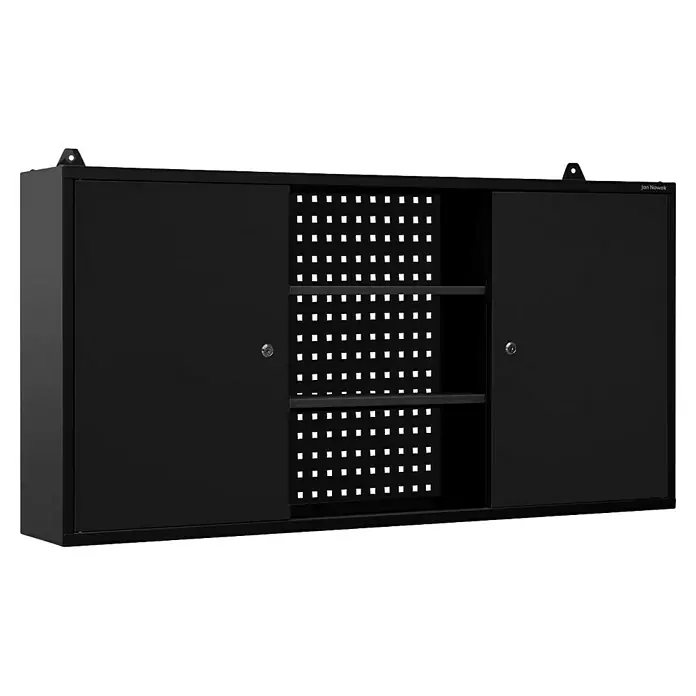 Jan Nowak Hängeschrank Ben - H x B x T: 60 x 120 x 20 cm, Schwarz - Schwarzer Jan Nowak Metallschrank mit Schiebetüren und Lochplattenrückwand für Werkstatt oder Büro. Robuste und abschließbare Aufbewahrung.