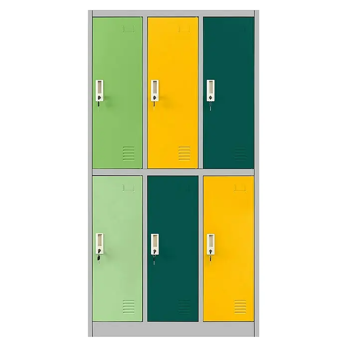Jan Nowak Schließfachschrank Igor - H x B x T: 150 x 90 x 45 cm, Anzahl Fächer: 6 Stk., Grau/Vielfarbig - Ein Schrank mit sechs Türen in verschiedenen Farben wie Gelb, Grün und Dunkelgrün, jeweils mit Schlössern für die Sicherheit der Benutzer.