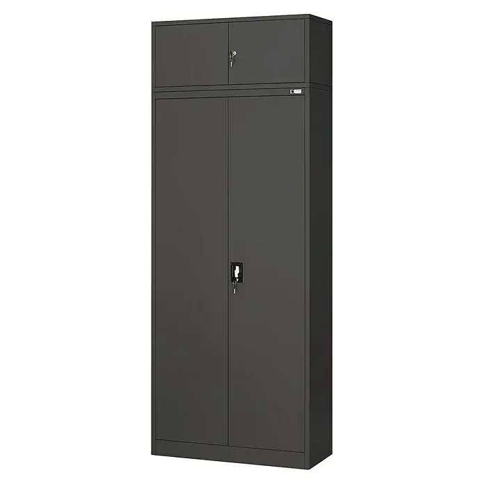 Jan Nowak Aufsatzschrank Ewa - H x B x T: 38 x 90 x 40 cm, Anthrazit - Ein grauer Metallschrank mit zwei Türen unten und einem kleineren Schrankteil mit zwei Türen oben. Er bietet viel Stauraum und Sicherheit.