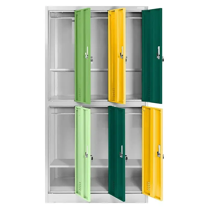 Jan Nowak Schließfachschrank Igor - H x B x T: 150 x 90 x 45 cm, Anzahl Fächer: 6 Stk., Grau/Vielfarbig - Farbenfroher Spindschrank mit offenen Türen in Gelb, Grün und Dunkelgrün bietet viel Stauraum für verschiedene Gegenstände.