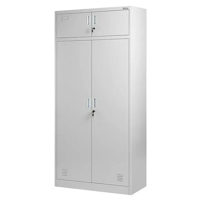 Jan Nowak Metall-Mehrzweckschrank Borys - H x B x T: 185 x 90 x 50 cm, Grau - Ein grauer Metallschrank mit zwei abschließbaren Türen und einem oberen Fach, ideal für Büro oder Werkstatt.