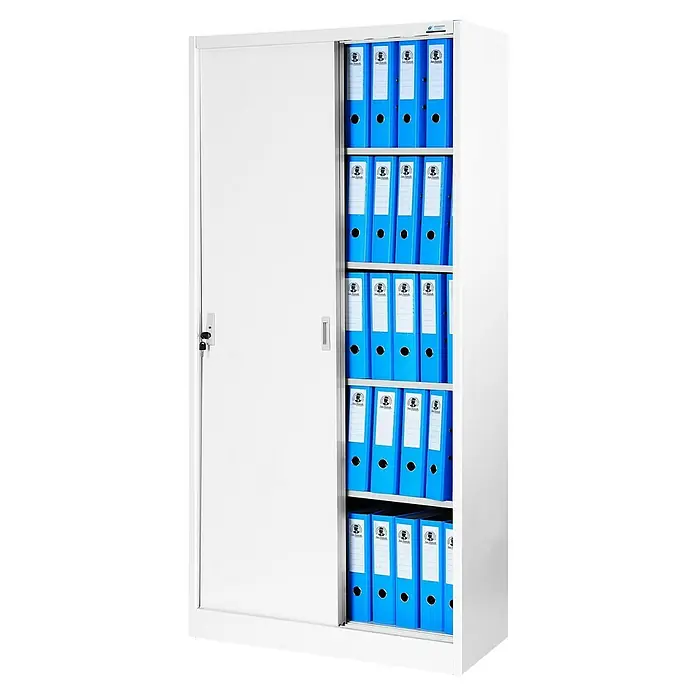 Jan Nowak Aktenschrank Kuba - B x T x H: 90 x 40 x 185 cm, Weiß - Ein weißer Aktenschrank mit blauen Ordnern, wobei eine Schiebetür teilweise geöffnet ist, um den Inhalt zu zeigen.