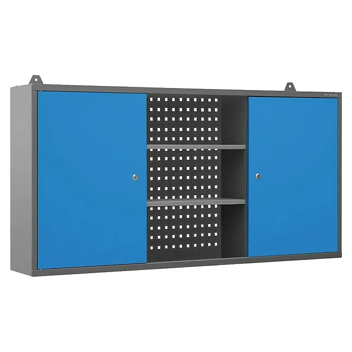 Jan Nowak Hängeschrank Ben - H x B x T: 60 x 120 x 20 cm, Anthrazit/Blau - Grauer Werkzeugschrank mit blauen Schiebetüren und gelochter Rückwand mit zwei Regalböden.