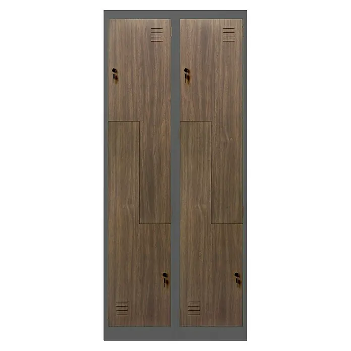 Jan Nowak Z-Spind Julia - B x T x H: 80 x 45 x 185 cm, Anzahl Türen: 4 Stk., Anthrazit/Nussbaum - Zwei elegante Holzschränke mit grauen Rahmen und Schlüsseln bieten stilvollen Stauraum. Ideal für Büro, Schule oder Fitnessstudio.