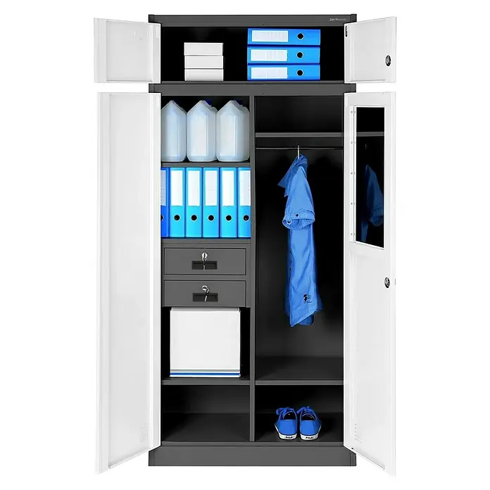 Jan Nowak Metall-Mehrzweckschrank Borys - H x B x T: 185 x 90 x 50 cm, Anthrazit/Weiß - Metallschrank mit Regalen, Schubladen, Kleiderstange und verschiedenen Gegenständen. Ideal für Büro oder Werkstatt zur Aufbewahrung.