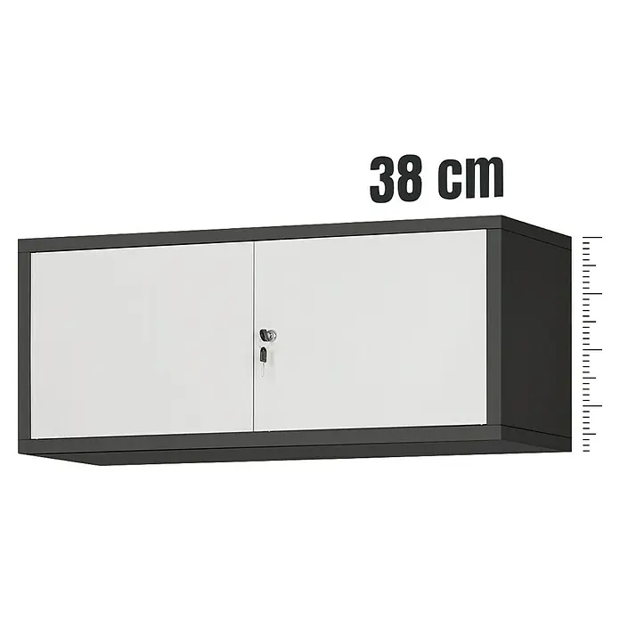 Jan Nowak Aufsatzschrank Ewa - H x B x T: 38 x 90 x 40 cm, Anthrazit/Weiß - Abbildung eines grauen Hängeschranks mit weißen Türen und einem Schloss. Perfekt für die Werkstatt oder den Hobbyraum zur Aufbewahrung von Werkzeugen.