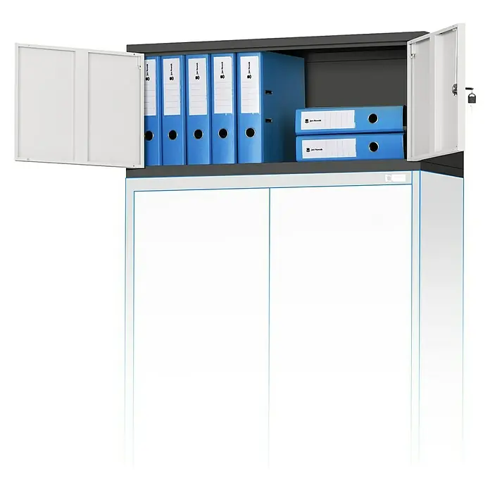 Jan Nowak Aufsatzschrank Ewa - H x B x T: 38 x 90 x 40 cm, Anthrazit/Weiß - Ein grauer Metallschrank mit geöffneten Türen, gefüllt mit blauen Aktenordnern der Marke Jan Nowak. Ideal für Büroorganisation und sichere Aufbewahrung.
