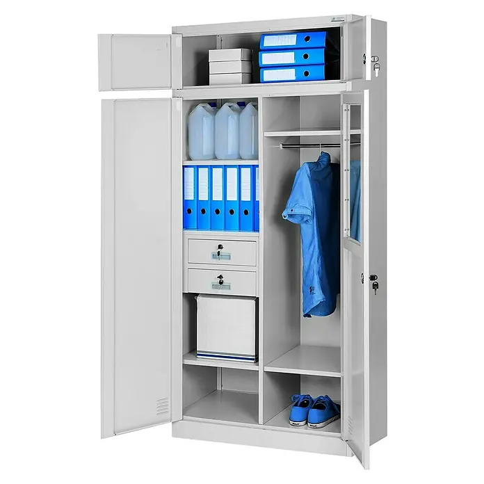 Jan Nowak Metall-Mehrzweckschrank Borys - H x B x T: 185 x 90 x 50 cm, Grau - Ein offener, weißer Stahlschrank mit Regalen, Schubladen, Ordnern, Behältern und Kleidung, ideal für Büro oder Werkstatt zur Aufbewahrung.