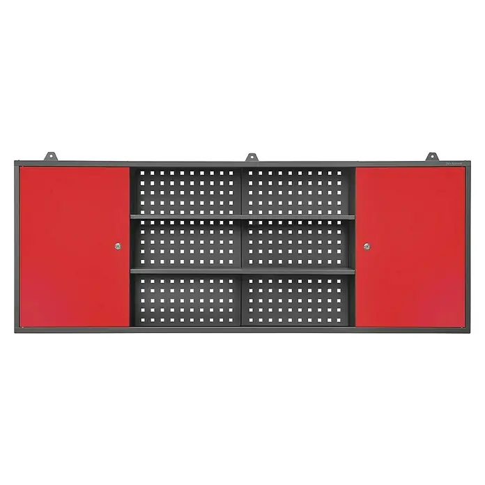 Jan Nowak Hängeschrank Leo - B x T x H: 160 x 20 x 60 cm, Anthrazit/Rot - Ein grauer Wandschrank mit roten Schiebetüren und Regalen mit quadratischen Löchern.