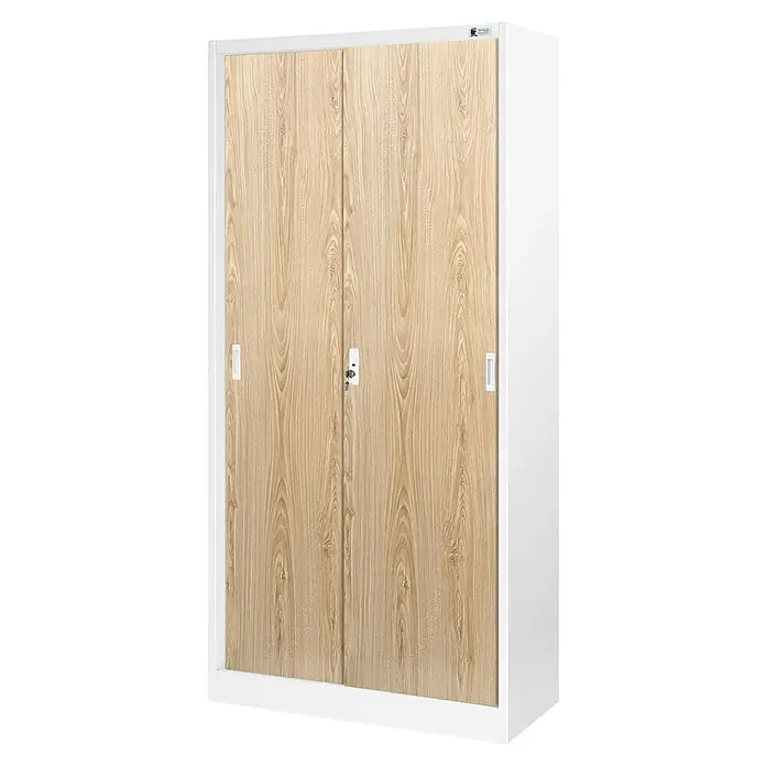 Jan Nowak Aktenschrank Kuba - B x T x H: 90 x 40 x 185 cm, Weiß/Sonoma eiche - Ein moderner Büroschrank mit Holzfront und weißen Akzenten. Ideal für die stilvolle Aufbewahrung von Dokumenten und Büromaterialien.
