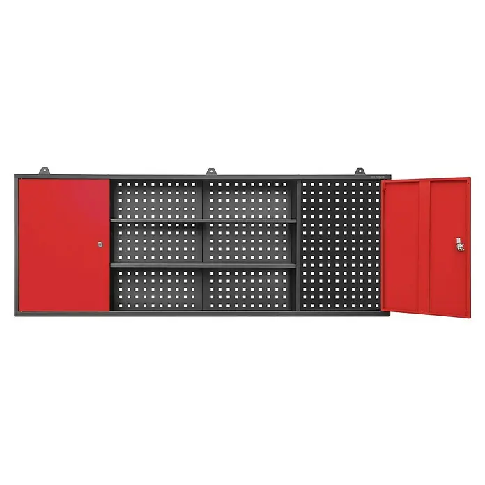 Jan Nowak Hängeschrank Leo - B x T x H: 160 x 20 x 60 cm, Anthrazit/Rot - Roter Metallschrank mit perforierten Wänden und Regalen, ideal für Werkstatt oder Garage. Robuste Konstruktion mit viel Stauraum.