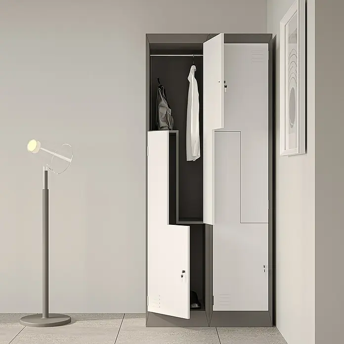 Jan Nowak Z-Spind Julia - B x T x H: 80 x 45 x 185 cm, Anzahl Türen: 4 Stk., Anthrazit/Weiß - Schrank mit offenem Fach und Lampe. Der Schrank bietet Stauraum mit Fächern und Kleiderstange.