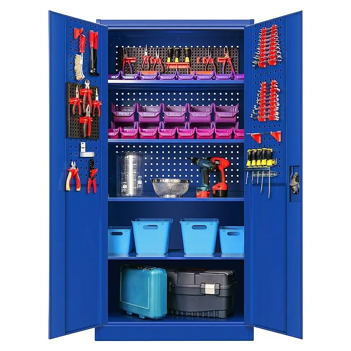 Jan Nowak Werkzeugschrank Bruno - H x B x T: 185 x 92 x 50 cm, Blau - Ein blauer Werkzeugschrank mit geöffneten Türen, gefüllt mit Werkzeugen, Behältern und Ausrüstung. Der Schrank bietet viel Stauraum für Werkstattbedarf.