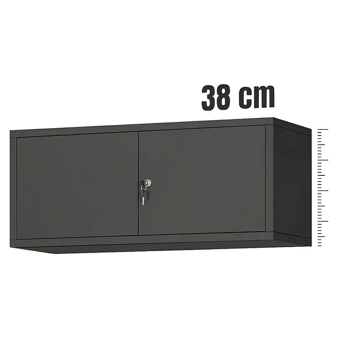 Jan Nowak Aufsatzschrank Ewa - H x B x T: 38 x 90 x 40 cm, Anthrazit - Eine graue Metall-Hängegarderobe mit zwei Türen und einem Schlüssel. Die Tiefe beträgt 38 cm.