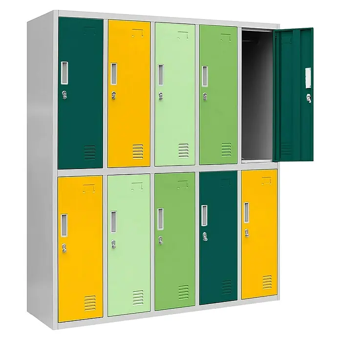 Jan Nowak Spind Bartus - H x B x T: 150 x 136 x 45 cm, Anzahl Türen: 10 Stk., Grau/Vielfarbig - Farbiges, zweistöckiges Schließfachsystem mit einem offenen Schrank zur Lagerung von Gegenständen.