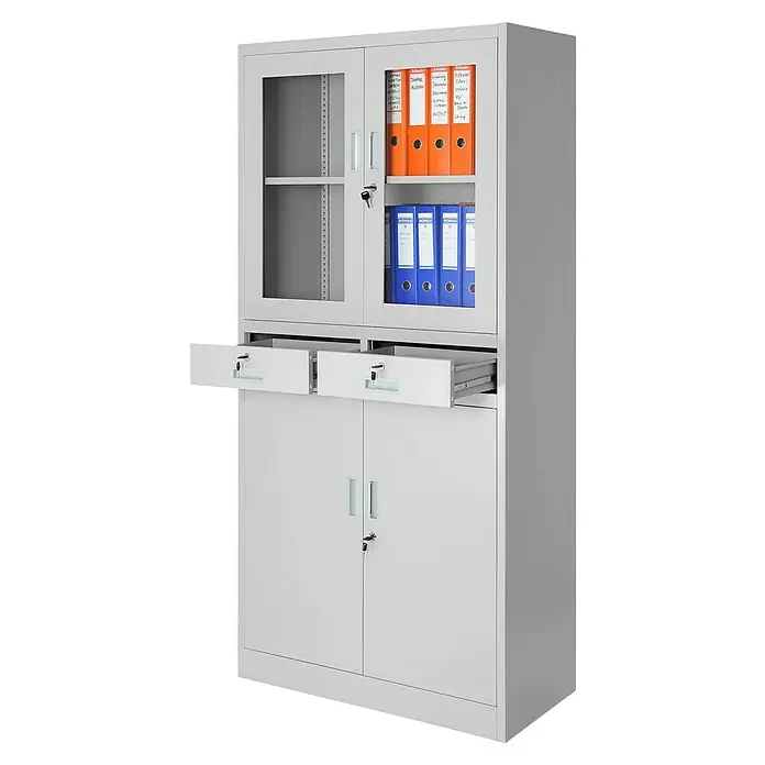 Jan Nowak Medizinschrank Edmund - H x B x T: 185 x 90 x 40 cm, Grau - Ein grauer Metallbüroschrank mit Glasvitrine, Schubladen und abschließbaren Türen für Bürobedarf und Dokumente.