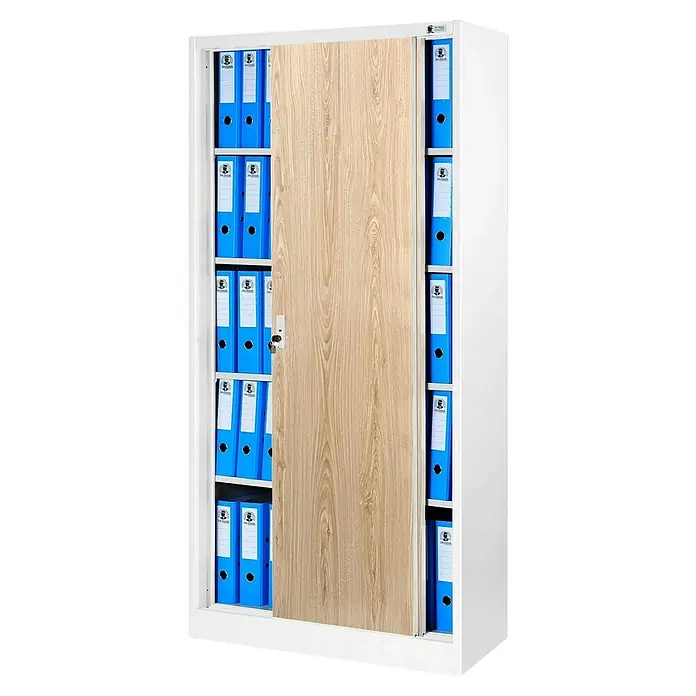 Jan Nowak Aktenschrank Kuba - B x T x H: 90 x 40 x 185 cm, Weiß/Sonoma eiche - Ein weißer Aktenschrank mit einer hellen Holzschiebetür, gefüllt mit blauen Aktenordnern, bietet viel Stauraum.