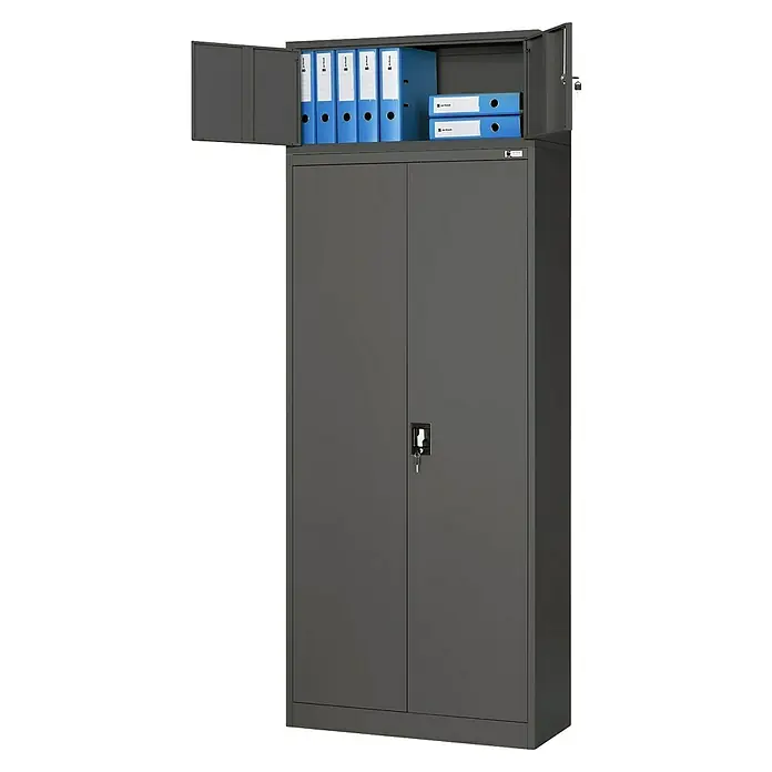 Jan Nowak Aufsatzschrank Ewa - H x B x T: 38 x 90 x 40 cm, Anthrazit - Grauer Flügeltürenschrank mit einem offenen oberen Fach, das Ordner enthält. Der Schrank verfügt über ein Schloss mit Schlüssel.