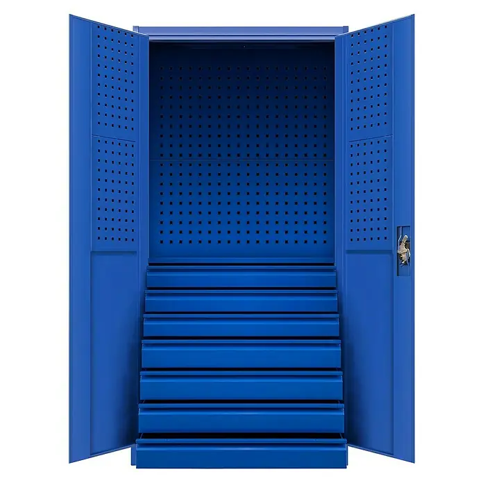 Jan Nowak Werkzeugschrank Darek - H x B x T: 185 x 92 x 50 cm, Blau - Ein blauer Werkzeugschrank mit geöffneten Türen und mehreren Schubladen bietet viel Stauraum für Werkzeuge und Zubehör.