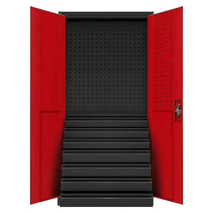 Jan Nowak Werkzeugschrank Darek - H x B x T: 185 x 92 x 50 cm, Anthrazit/Rot - Werkzeugschrank mit roten Türen und schwarzen Schubladen, ideal für die Werkstatt. Robuste Konstruktion für Ordnung und Sicherheit.