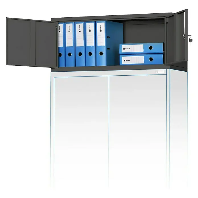Jan Nowak Aufsatzschrank Ewa - H x B x T: 38 x 90 x 40 cm, Anthrazit - Büroschrank mit offenen Türen und blauen Aktenordnern im oberen Fach, ideal für Büroorganisation und Archivierung von Dokumenten.