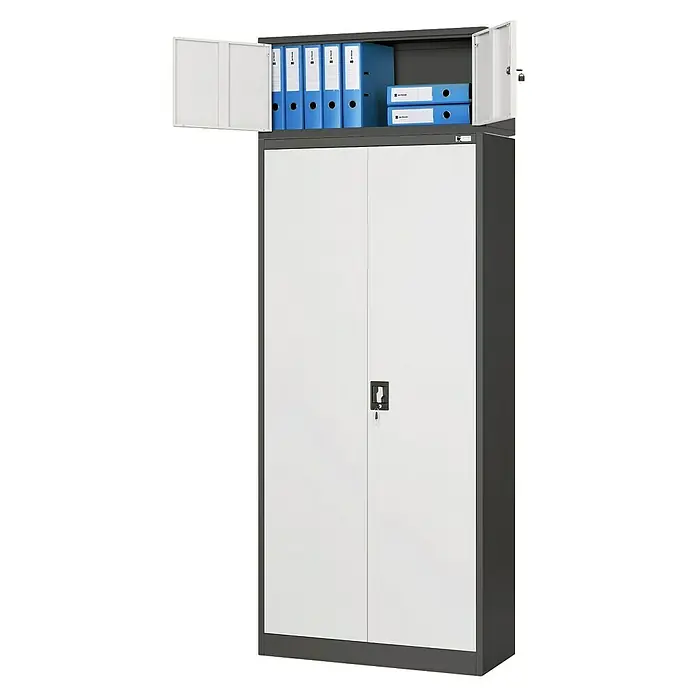 Jan Nowak Aufsatzschrank Ewa - H x B x T: 38 x 90 x 40 cm, Anthrazit/Weiß - Grauer Flügelschrank mit weißen Türen und Aktenordnern im geöffneten oberen Fach.
