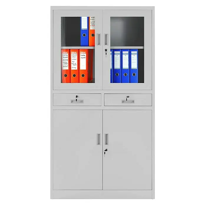 Jan Nowak Medizinschrank Edmund - H x B x T: 185 x 90 x 40 cm, Grau - Bild eines grauen Aktenschranks mit Glastüren und abschließbaren Schubladen, gefüllt mit Ordnern.
