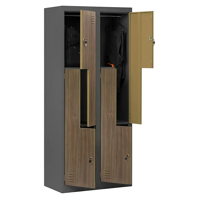 Jan Nowak Z-Spind Julia - B x T x H: 80 x 45 x 185 cm, Anzahl Türen: 4 Stk., Anthrazit/Nussbaum - Ein grauer Schrank mit Holzfächern, einige davon sind geöffnet und geben den Blick auf Kleidung frei.