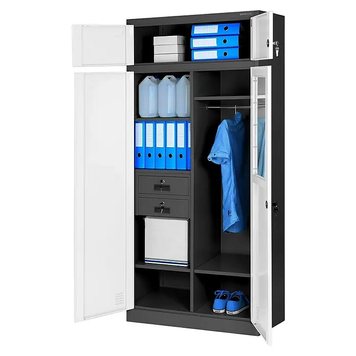 Jan Nowak Metall-Mehrzweckschrank Borys - H x B x T: 185 x 90 x 50 cm, Anthrazit/Weiß - Ein offener Stahlschrank mit Ordnern, Kanistern, Hemd und Schuhen. Ideal für Büro und Werkstatt zur sicheren Aufbewahrung.