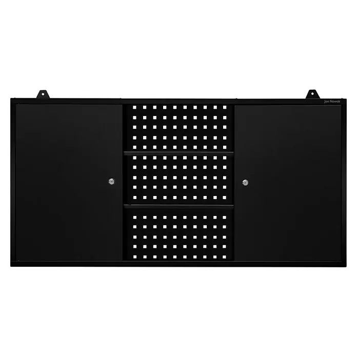 Jan Nowak Hängeschrank Ben - H x B x T: 60 x 120 x 20 cm, Schwarz - Schwarzer abschließbarer Wandschrank mit perforierten Schiebetüren zur Aufbewahrung von Werkzeugen oder anderen Gegenständen.