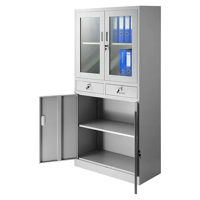 Jan Nowak Medizinschrank Edmund - H x B x T: 185 x 90 x 40 cm, Grau - Ein grauer Metallschrank mit Glastüren, Schubladen und offenen Fächern bietet viel Stauraum für Büro oder Werkstatt.