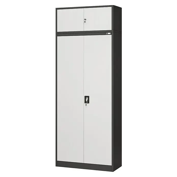 Jan Nowak Aufsatzschrank Ewa - H x B x T: 38 x 90 x 40 cm, Anthrazit/Weiß - Ein grauer Metallschrank mit weißen Türen und zwei separaten abschließbaren Fächern. Praktische Aufbewahrungslösung.