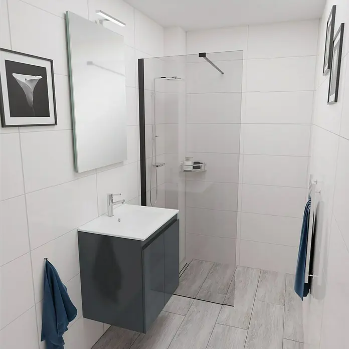 Camargue Espacio Badmöbel-Set E75 - 60 cm, Gama anthrazit glänzend - Ein modernes Badezimmer mit einem grauen Waschtischunterschrank, einem Spiegel und einer begehbaren Dusche. Das Design ist minimalistisch und stilvoll.