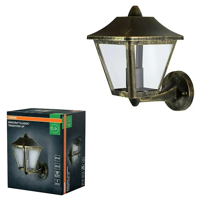 Osram Endura Classic Außenwandleuchte Tradition Up - Stehend, 23 x 17 x 26 cm, Schwarz/Gold, IP44 - Ein detailreiches Bild der OSRAM Endura Classic Tradition UP Außenleuchte und ihrer Verpackung.