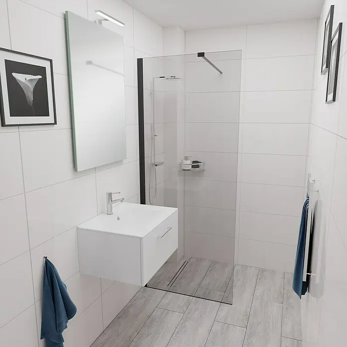 Camargue Espacio Badmöbel-Set E1 - 60 cm, Mira - Helles Badezimmer mit einer modernen weißen Waschtischkombination und einer stilvollen, gläsernen Duschkabine. Das minimalistische Design schafft eine ruhige Atmosphäre.