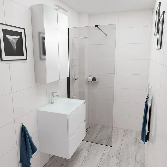 Camargue Espacio Badmöbel-Set E21 - 60 cm, Gama weiß matt - Ein modernes Badezimmer mit einem weißen Waschtisch mit Glasplatte und einem Spiegelschrank. Eine Dusche mit Glaswand ist auch vorhanden.