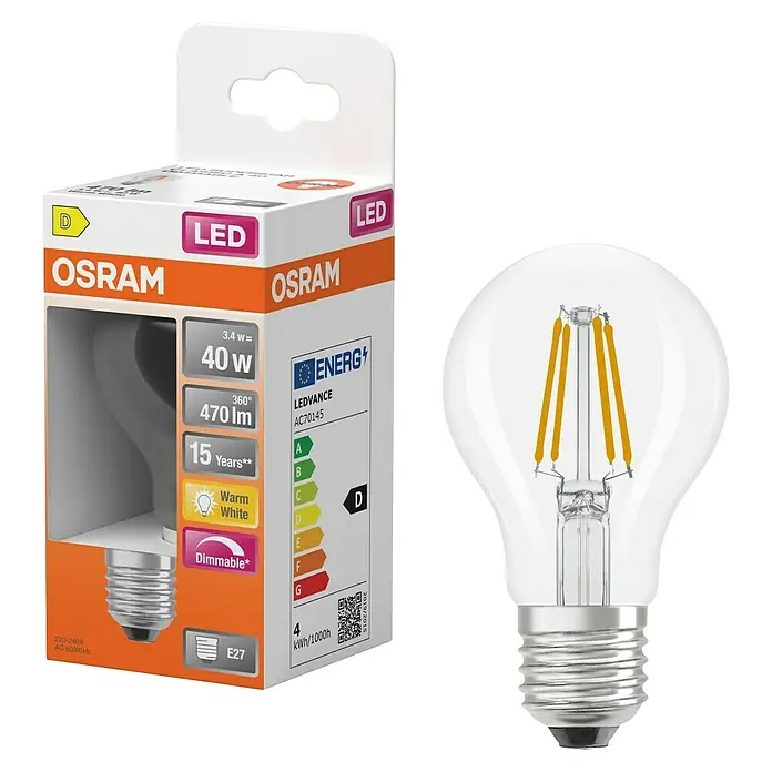 Osram LED-Lampe LED Superstar Classic A 40 Filament 827 - E27, 3,4 W, 470 lm - Produktbild einer Osram LED-Lampe, die Energieeffizienz und modernes Design vereint.