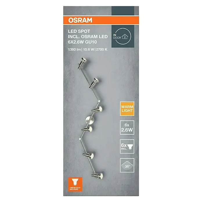 Osram LED-Deckenstrahler - 15,6 W, L x B x H: 1.190 x 80 x 170 mm, Nickel matt, Warmweiß, 6 Stk. - Abbildung einer Osram LED-Spotleuchte inklusive Osram LED 6x2.6W GU10, die ein warmes Licht erzeugt und für den Innenbereich geeignet ist.