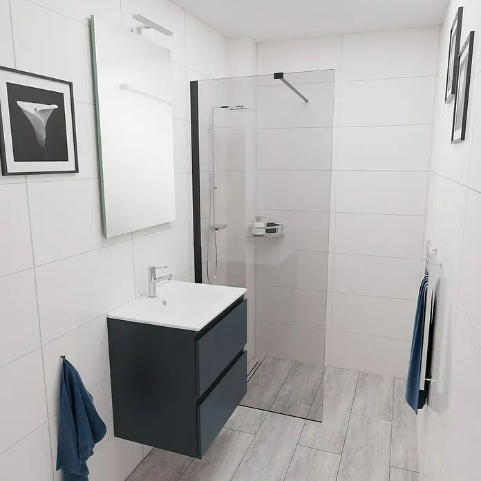 Camargue Espacio Badmöbel-Set E13 - 60 cm, Gama anthrazit matt - Badezimmer-Interieur mit dunklem Waschtisch, Spiegel, Dusche mit Glaswand und Handtüchern an der Wand, das moderne und stilvolle Design betont.