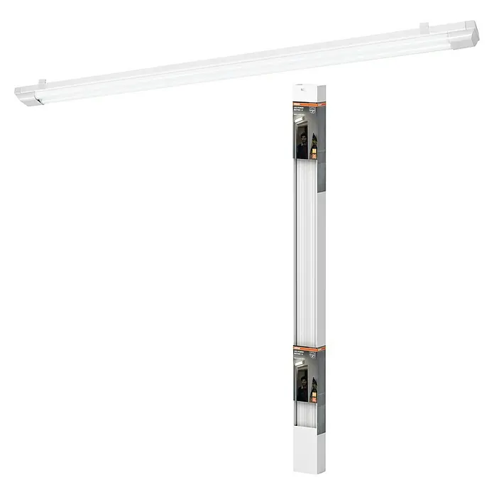 Osram Lámpara fluorescente LED Power Batten - L x An x Al: 120 x 8,2 x 4,8 cm, Color de luz: Blanco cálido, 50 W, 220 V - 240 V - Un tubo de luz LED blanco con embalaje, montado en un techo. Solución de iluminación de bajo consumo para espacios.