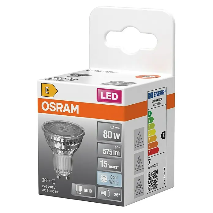 Osram Bombilla LED -  - Lámpara LED Osram en su embalaje. La lámpara es plateada y el embalaje es blanco con detalles en naranja.