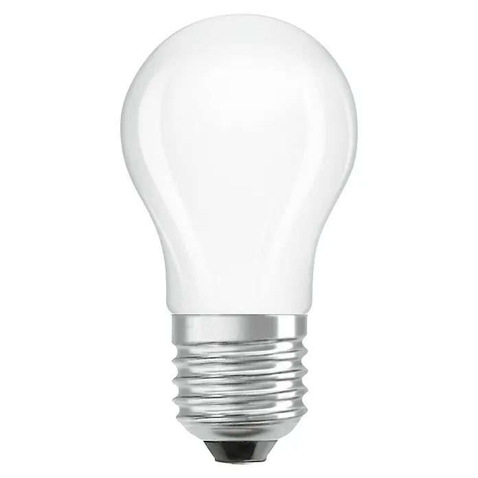 Osram LED-Lampe - E27, Nicht Dimmbar, Warmweiß, 136 lm, 1 W - Nahaufnahme einer matten LED-Lampe mit Schraubsockel, die für eine sanfte und gleichmäßige Beleuchtung sorgt.